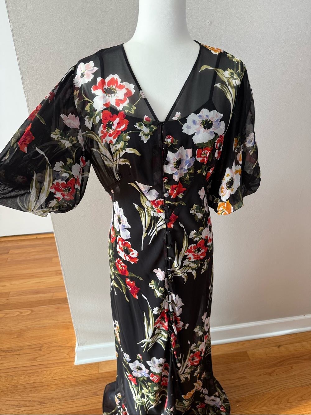 Olivia von Halle 100% Silk Black Floral Maxi Dress Size 3/M